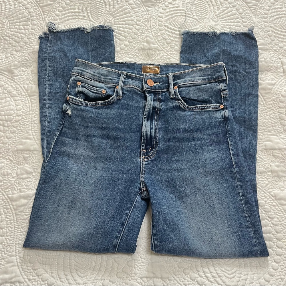 MOTHER Insider Crop Step Chew Denim Jeans High Rise Medium Wash Distressed 27 - Picture 4 of 16